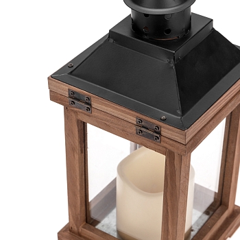 Декоративный фонарь со свечкой, корпус из дерева, размер 14х14х35cм, цвет теплый белый