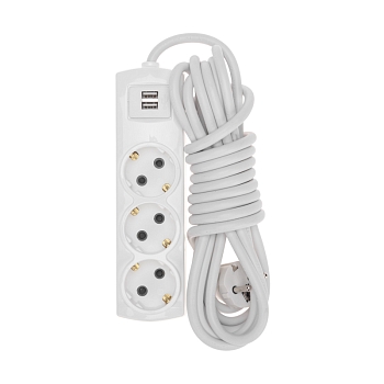 Удлинитель PREMIUM 3 гнезда, 5м, 3х1,5мм², с/з, 2 USB, белый REXANT