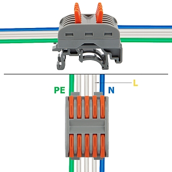 Клемма СМК 222-425D проходная 5-полюсная, с креплением на DIN-рейку (0,08-4 мм²), серая (4 шт./уп.) REXANT