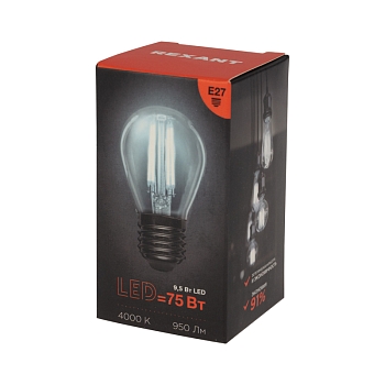 Лампа филаментная Шарик GL45 9,5Вт 950Лм 4000K E27 прозрачная колба REXANT