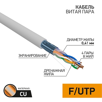 Кабель витая пара F/UTP, CAT 5, PVC, 4PR, 26AWG, INDOOR, SOLID, серый, 305м PROconnect Light